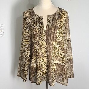 TanJay Sheer Tan & Brown Animal Print Blouse with Gold Metallic, Size 12